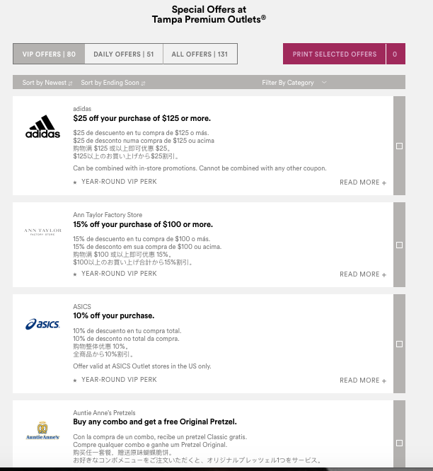 Descontos para o Outlet de Tampa