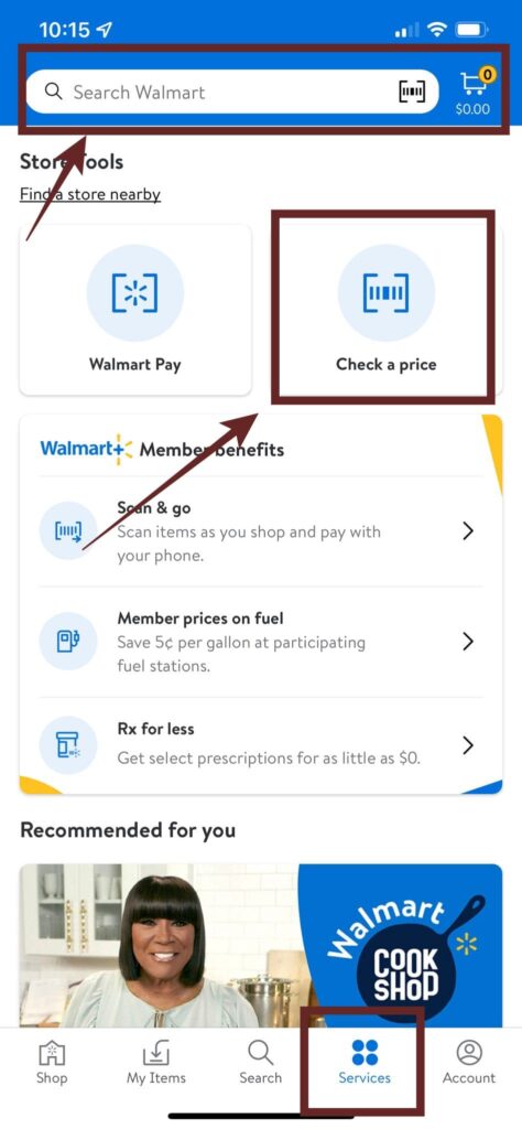 Aplicativo Walmart EUA - menu services check a price
