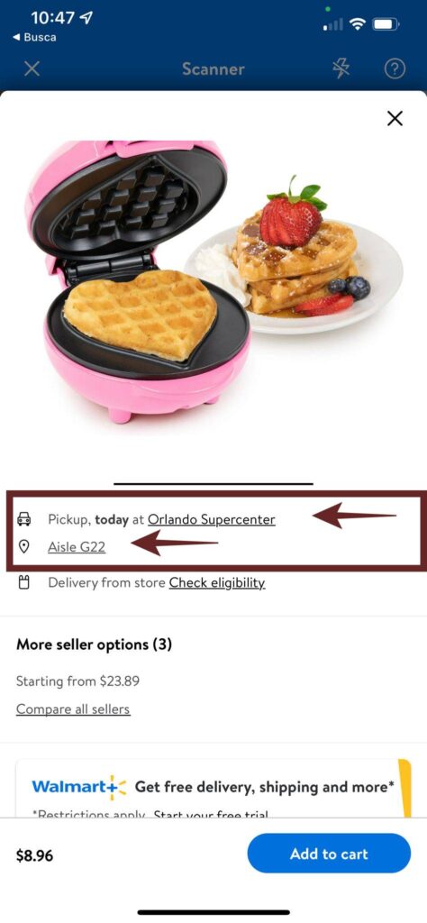 Localização de produto por corredor no aplicativo Walmart EUA