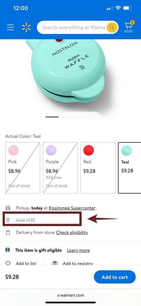 Localização do produto no site do Walmart por Aisle