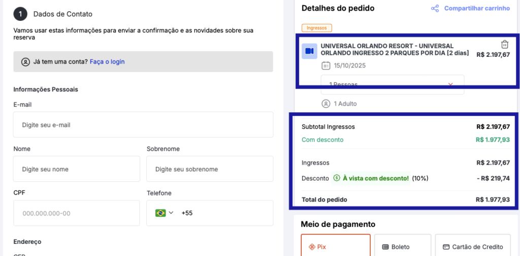 Carrinho de compras de ingressos Orlando