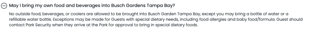 Regra de comida no Busch Gardens: somente água é liberada para entrar no parque