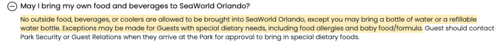 Regra de comida no SeaWorld Orlando: apenas água é permitida no parque