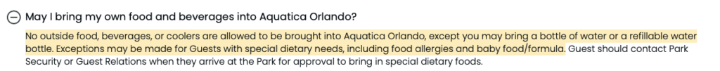 Regra de comida no Aquatica Orlando: apenas água é permitida dentro do parque aquático