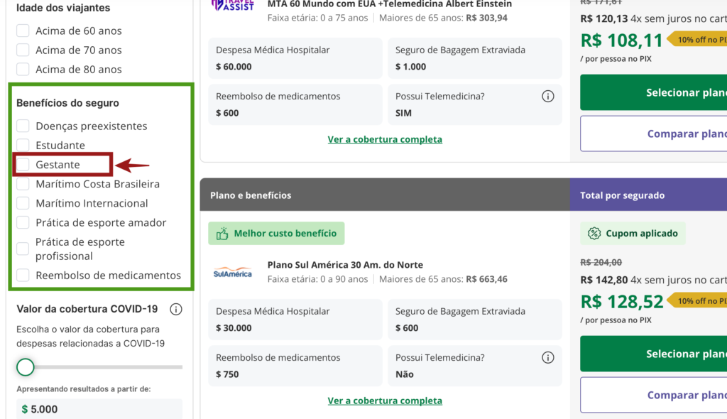 Filtros de cobertura para gestantes no seguro viagem SegurosPromo