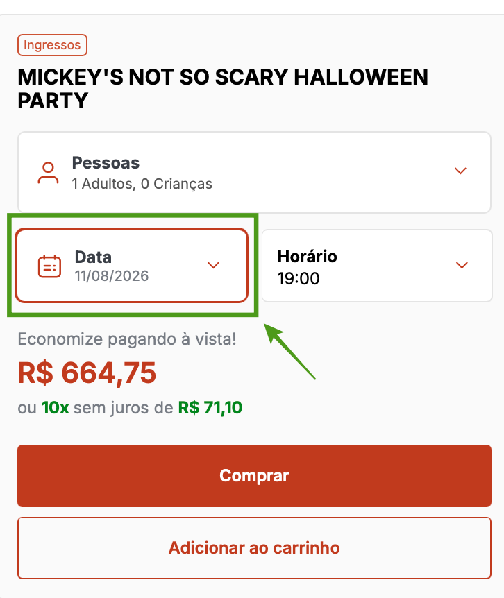 Calendário de datas para selecionar a noite do Halloween Disney 2026