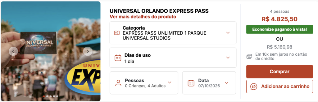 Universal Orlando Express Pass avulso R$ 4.825,50 para 4 pessoas em 1 dia em 1 parque 2026