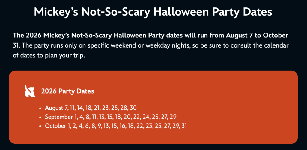 Calendário com as datas do Halloween Magic Kingdom 2026
