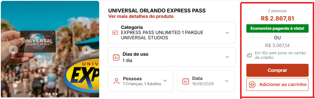 Tela do site parceiro VBPO mostrando preço do Express Pass Universal Orlando em reais com opção de parcelamento em 10x sem juros