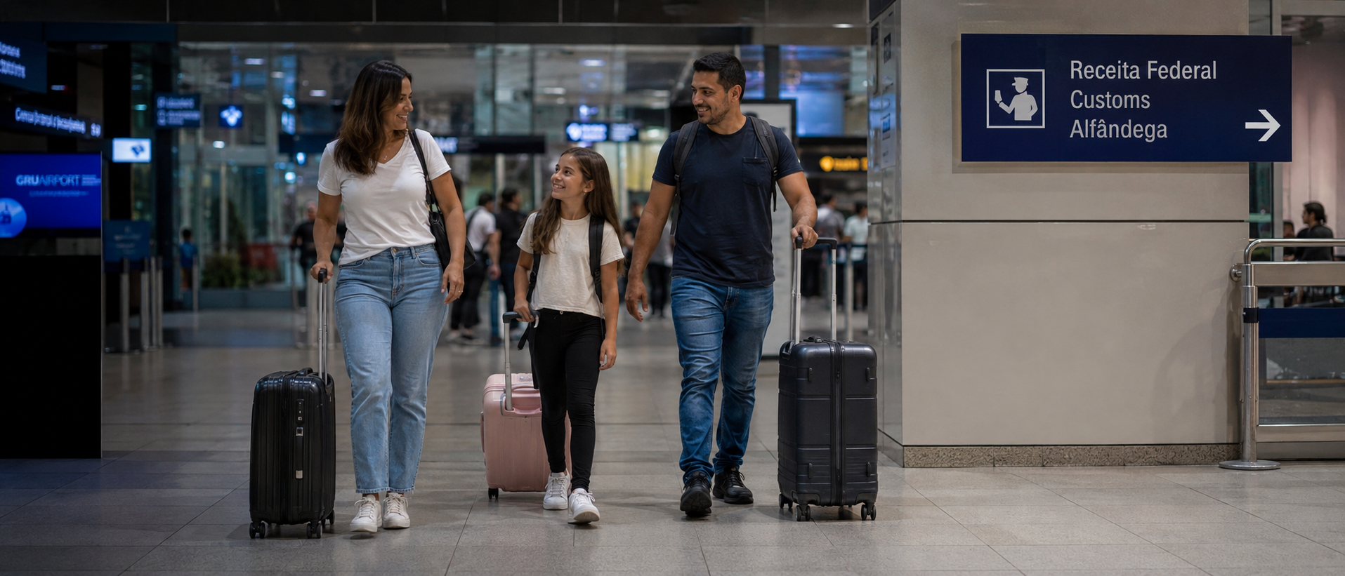 Brasileiros chegando ao aeroporto no Brasil com malas após viagem de Orlando