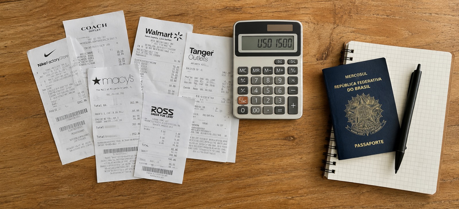 Calculadora ao lado de notas fiscais de compras feitas em Orlando