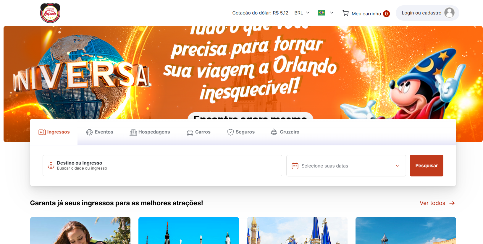 Site parceiro VBPO para compra de ingressos para Orlando em reais com campo de busca por destino e data