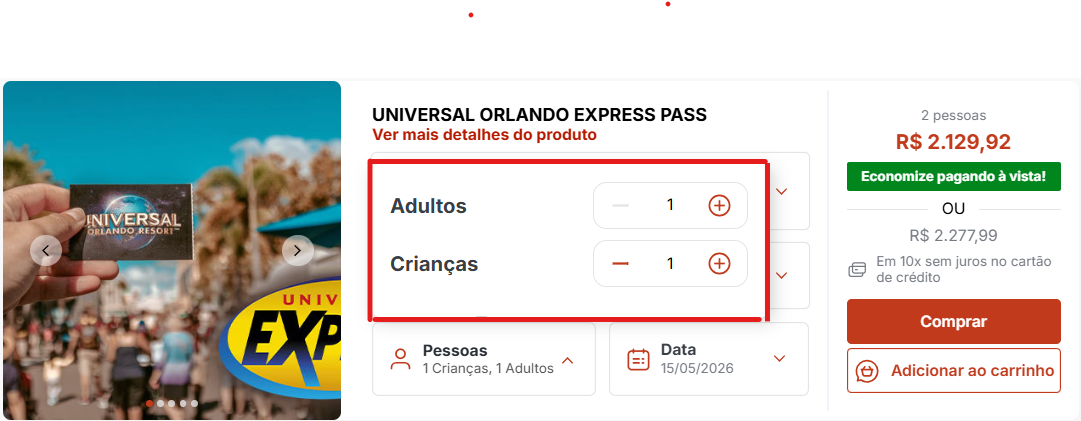 Como selecionar quantidade de adultos e crianças na compra do Express Pass Universal Orlando pelo site parceiro em reais