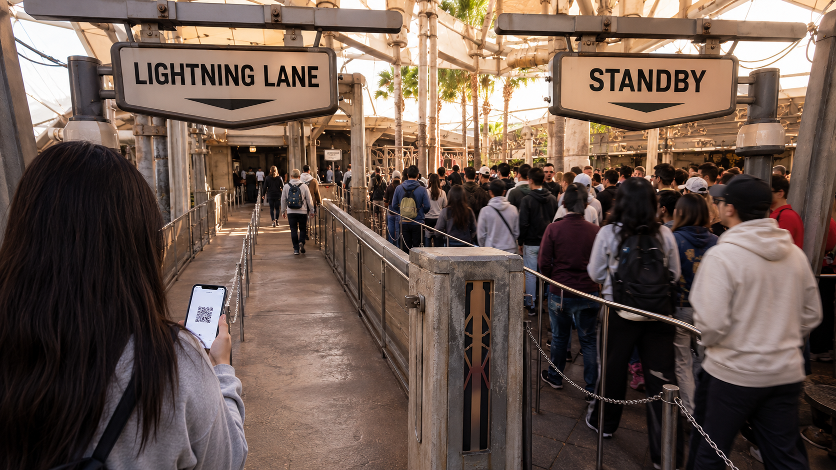 Lightning Lane no parque da Disney mostrando fila exclusiva curta vs fila Standby mais longa