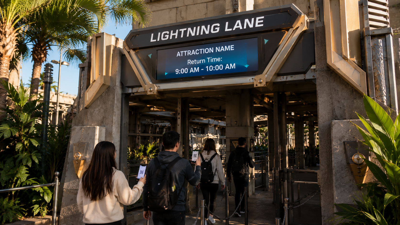 Entrada Lightning Lane Disney com painel digital indicando atração e horário da reserva