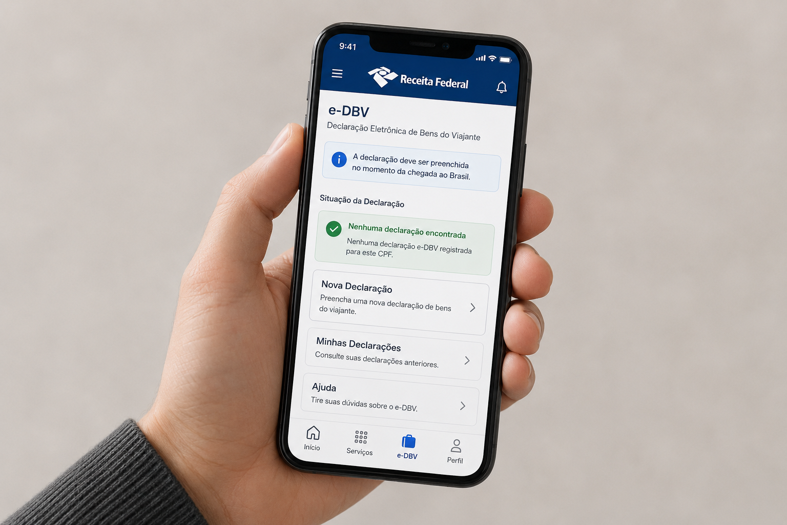 Tela do app Receita Federal mostrando declaração eletrônica de bens de viajante (e-DBV)