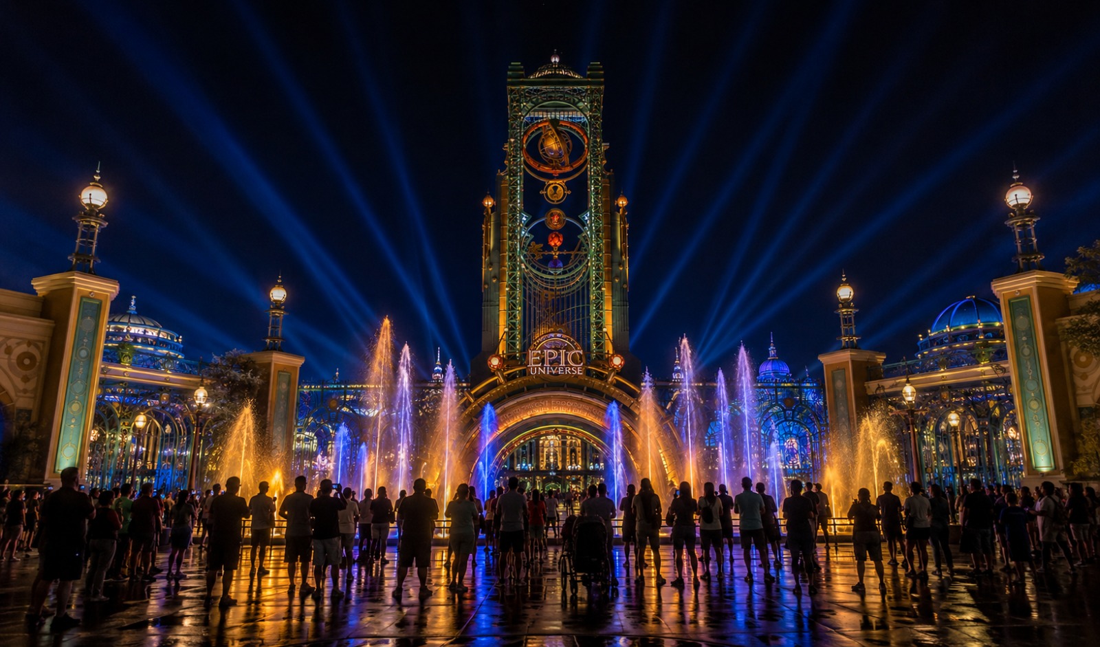 Show noturno Celestial Park Epic Universe com torre Chronos iluminada fontes coloridas e visitantes assistindo