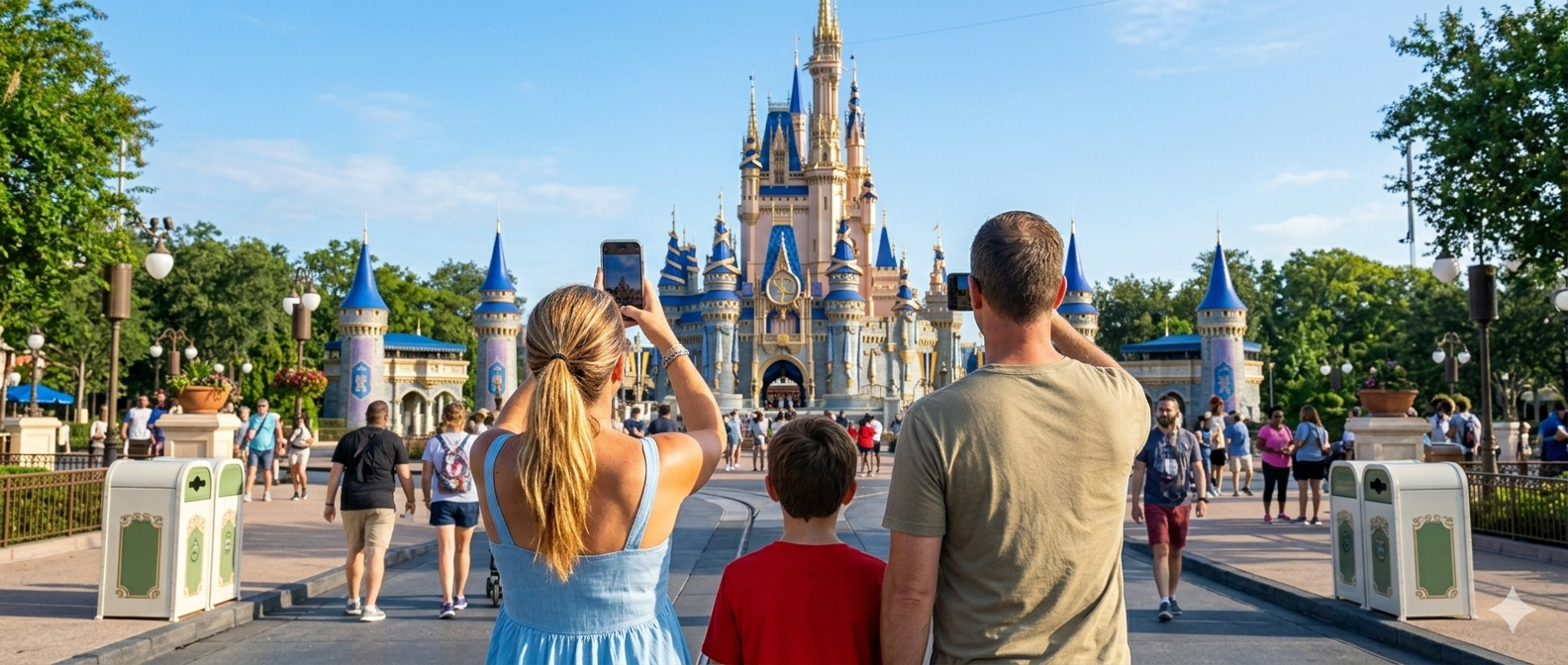 Visitantes tirando foto do castelo da Cinderela durante a reforma no Magic Kingdom em 2026