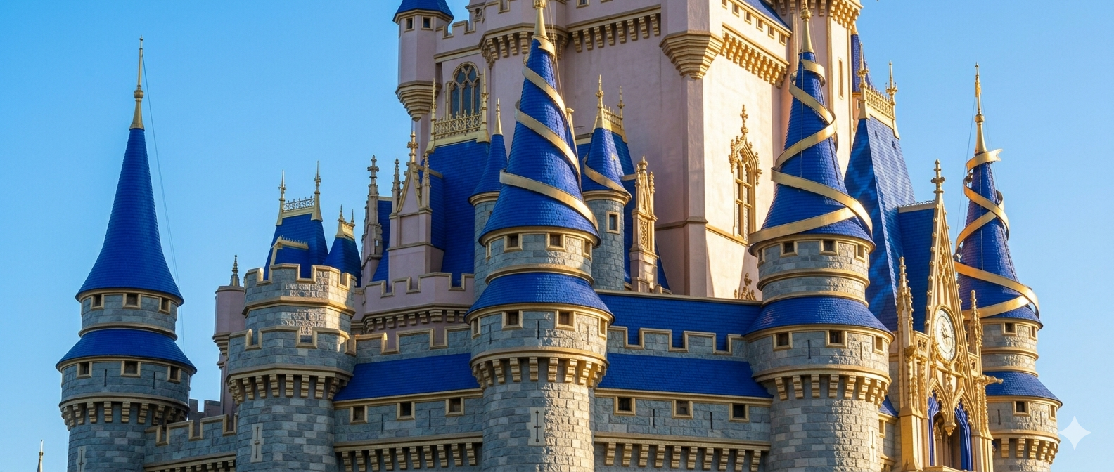 Detalhe das novas cores do castelo da Cinderela cinza bege azul e dourado no Magic Kingdom