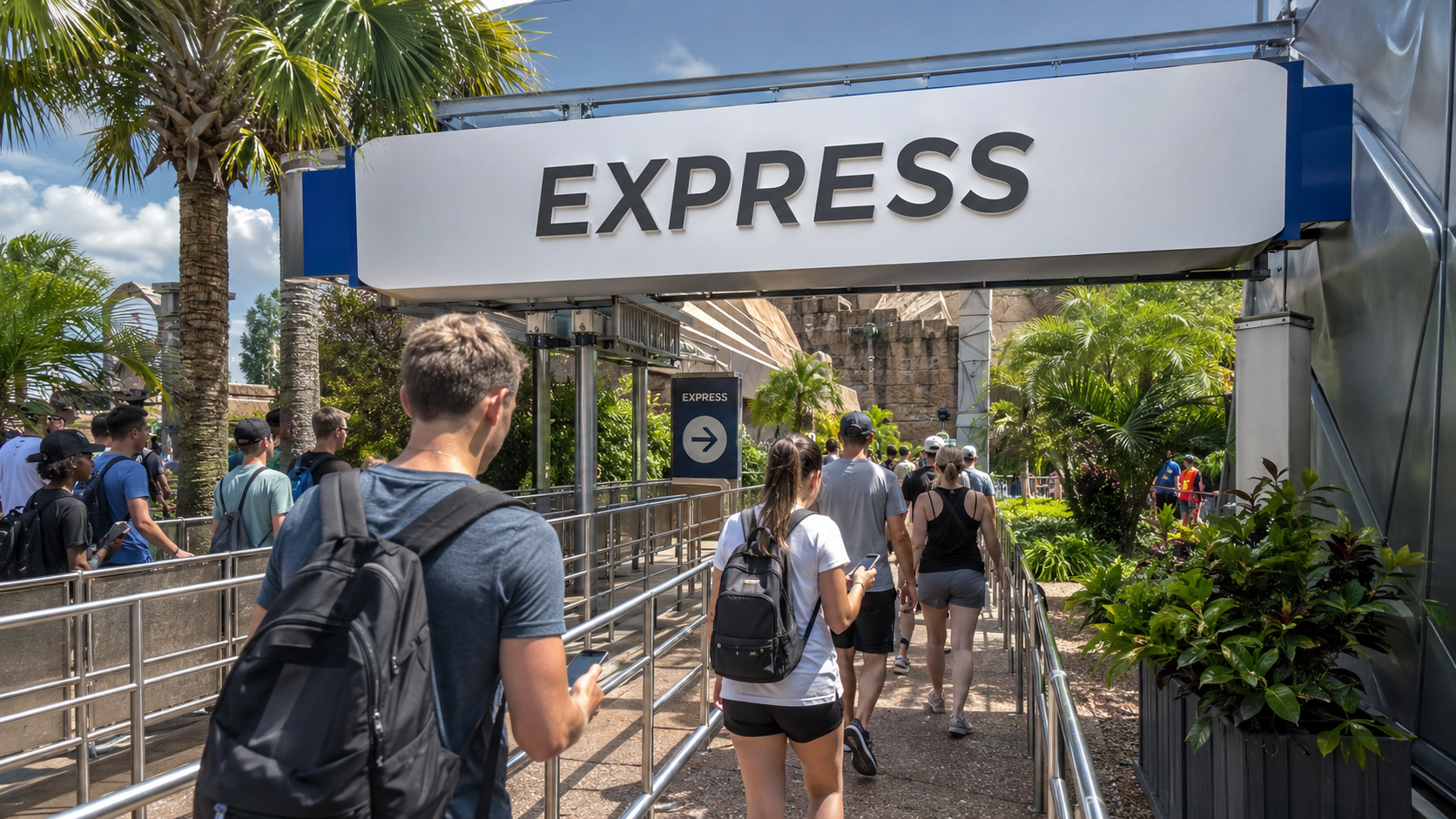 Express Pass Universal Orlando 2026: placa Express Lane com visitantes entrando