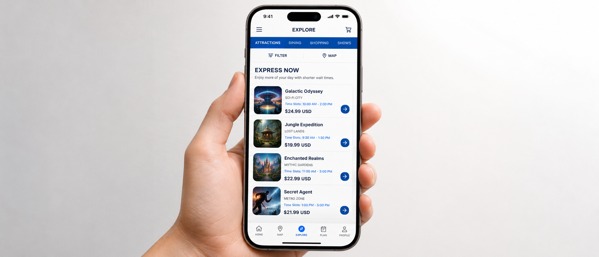 App Universal Orlando mostrando tela do Universal Express Now com preço dinâmico por atração