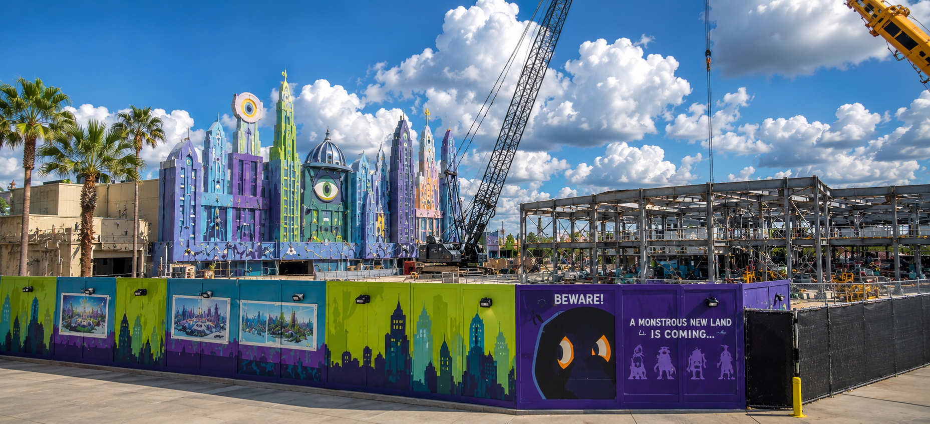 Área Monstropolis de Monsters Inc em construção no Hollywood Studios