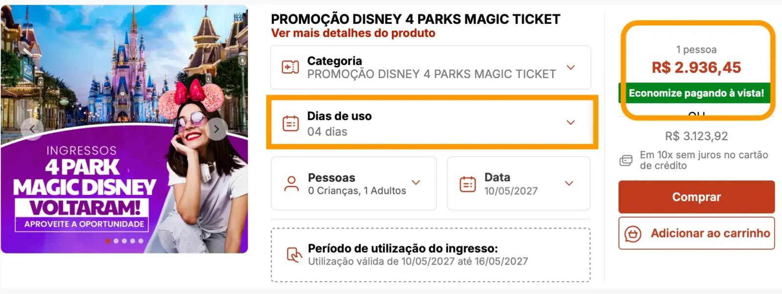 Promoção Disney 4-Park Magic 2027: os 4 parques da Disney pagando menos