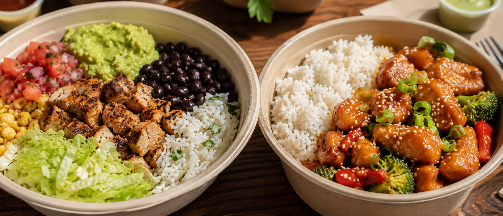 Chipotle e Panda Express em Orlando: burrito bowl mexicano e orange chicken asiático