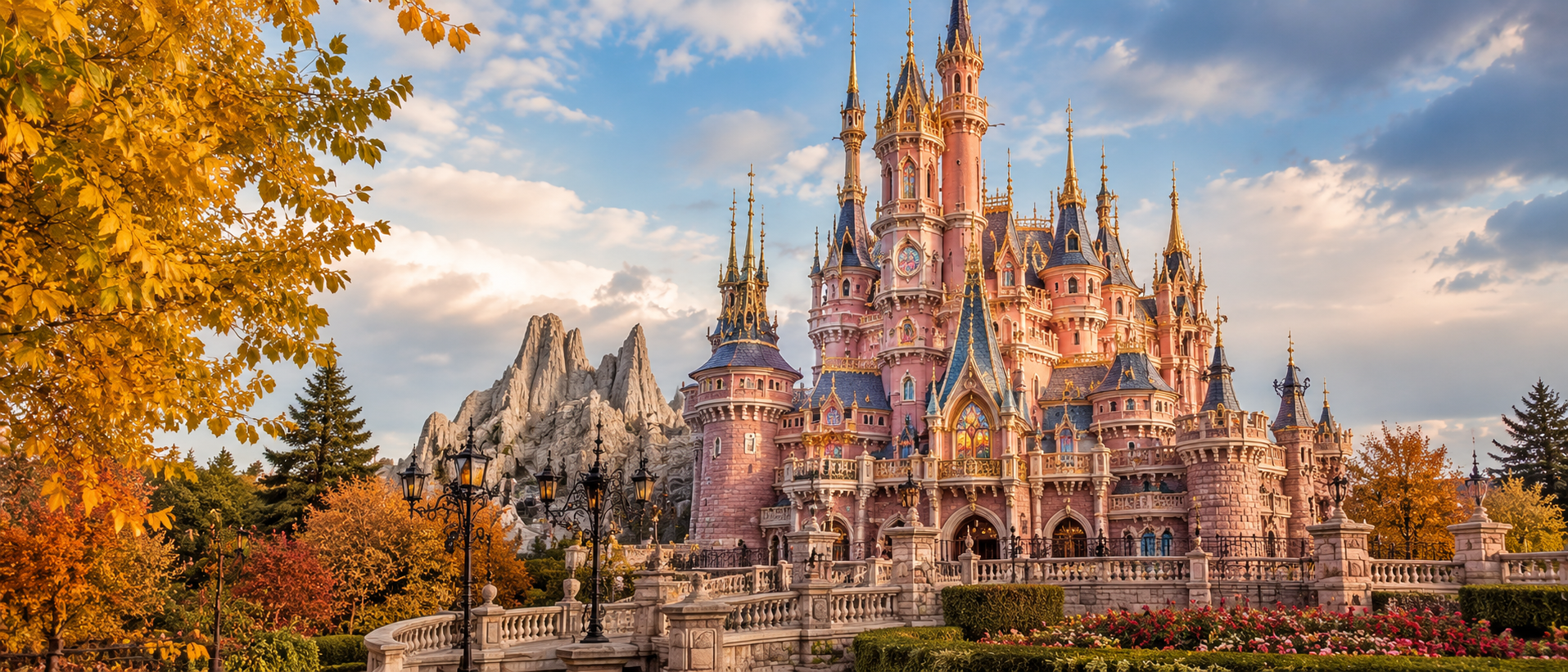 Castelo da Bela Adormecida em Disneyland Paris com vitrais e detalhes em rosa
