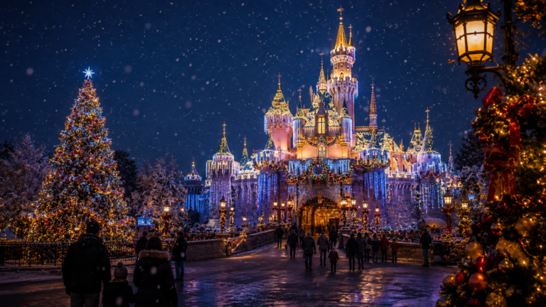 Ingressos para a Festa de Natal da Disney 2026: castelo iluminado com decoração natalina e neve