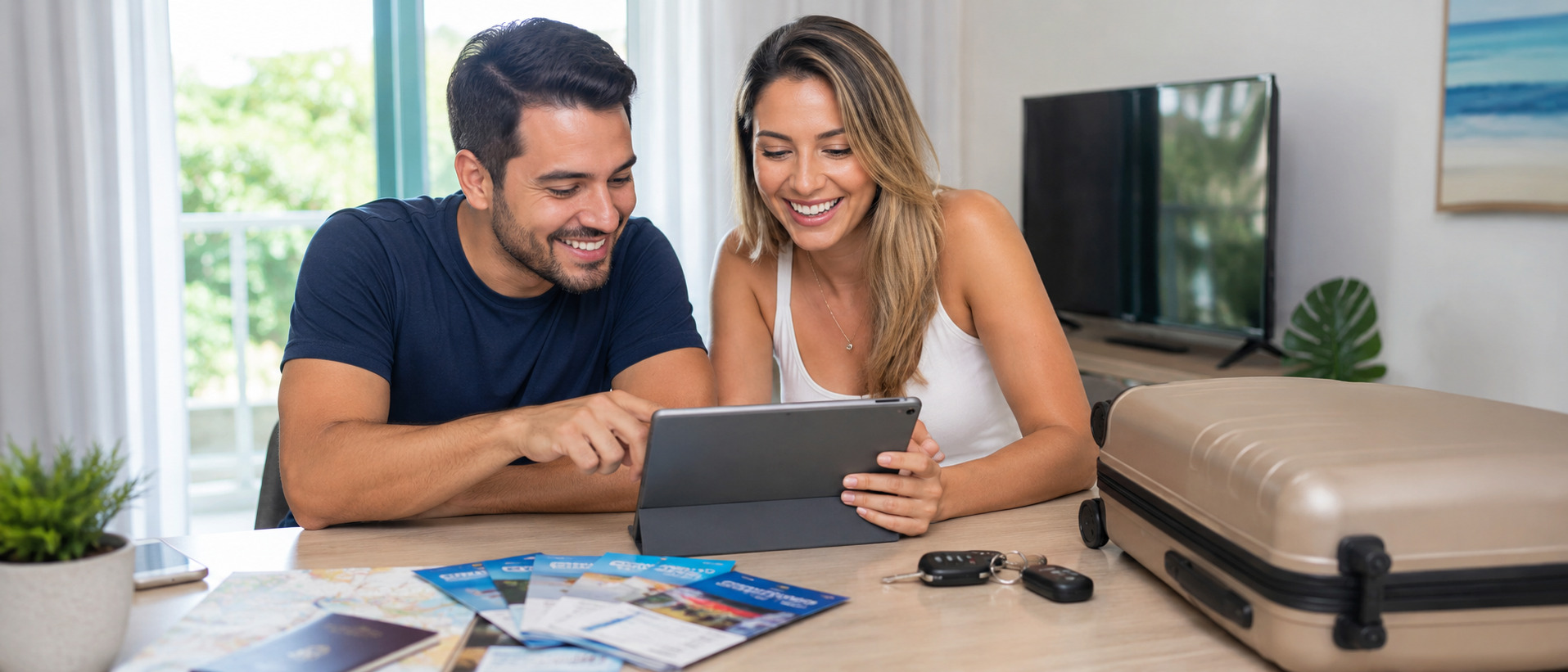 Casal brasileiro planejando a viagem a Orlando com ingressos, carro alugado e mala pronta