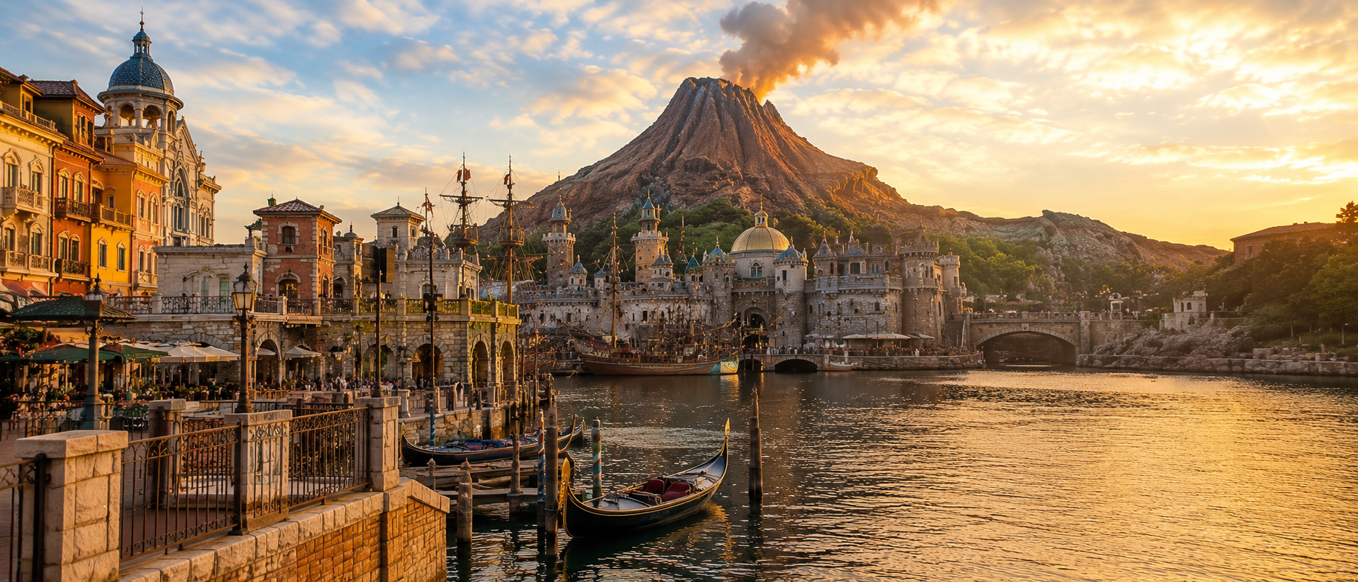 Tokyo DisneySea com o vulcão Prometheus ao centro e canais venezianos