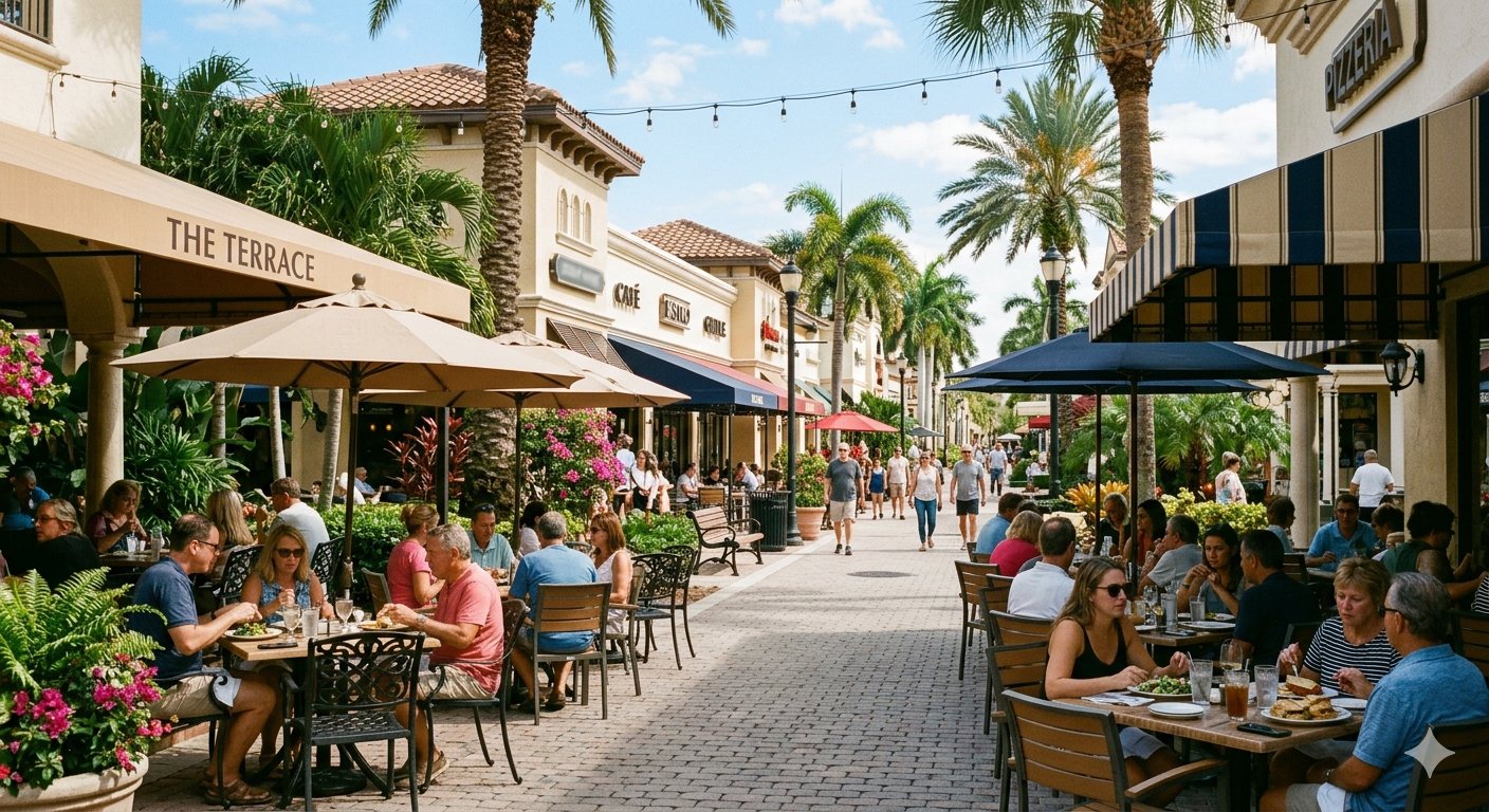 Área de restaurantes do Winter Garden Village em Orlando com opções de fast food e mesa