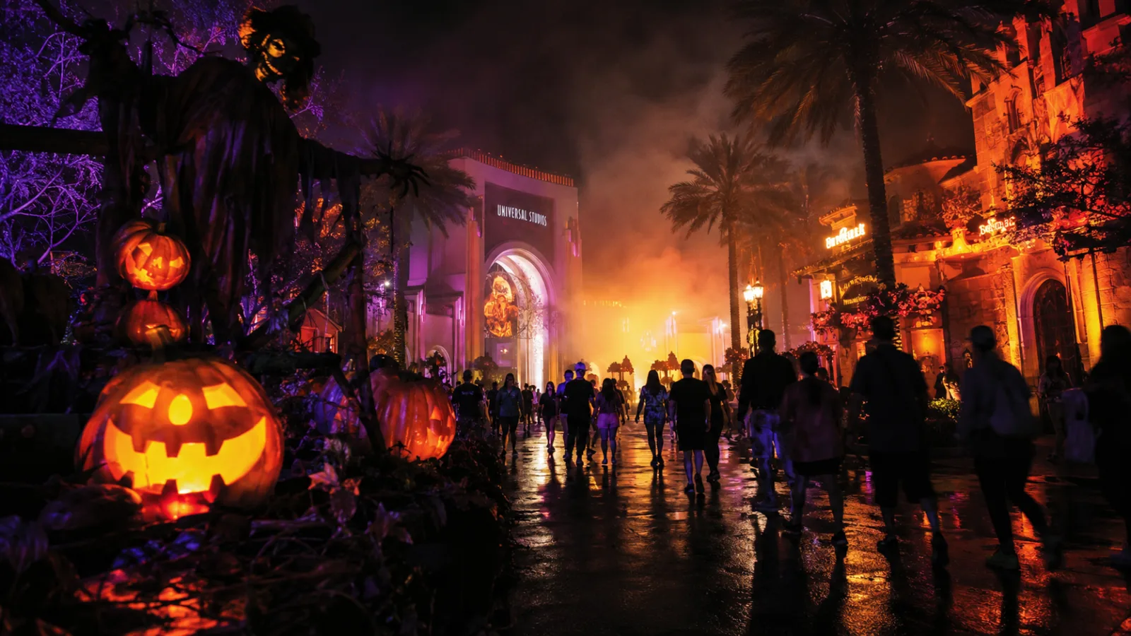 Datas do Halloween da Universal 2026: rua do parque decorada e com neblina durante o Halloween Horror Nights à noite