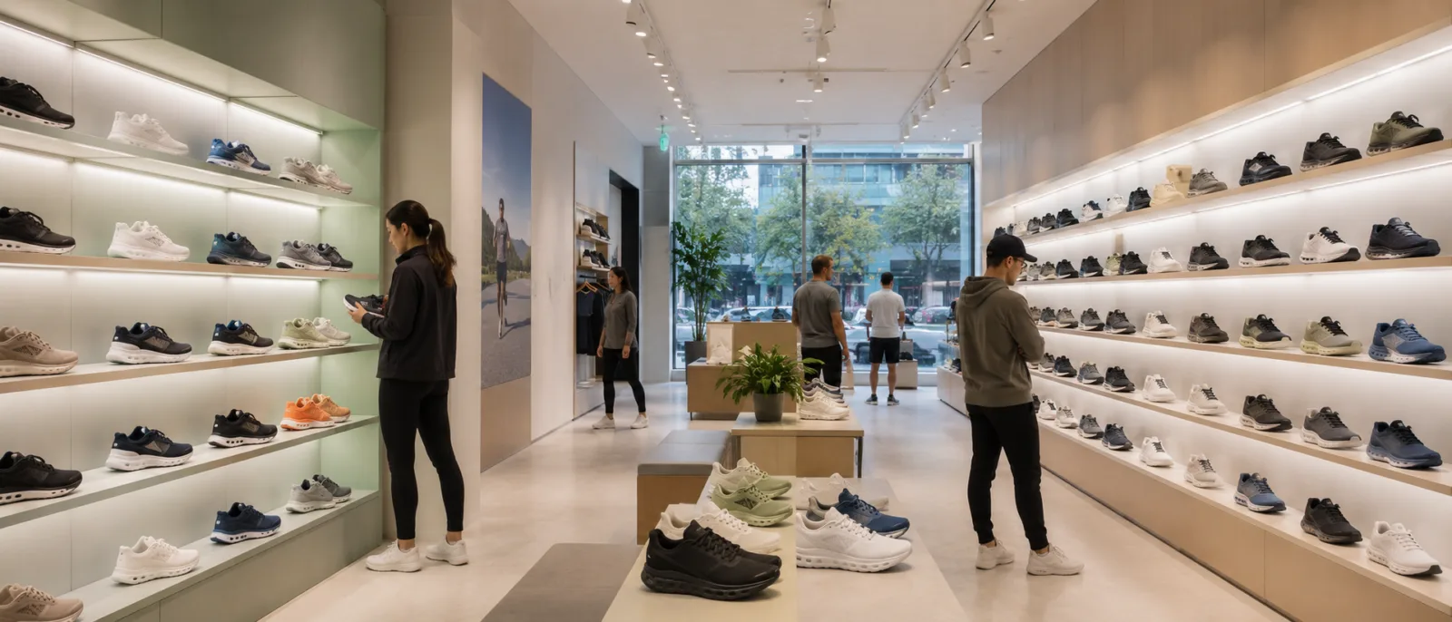Onde comprar tênis em Orlando: interior de loja com tênis de corrida em prateleiras iluminadas