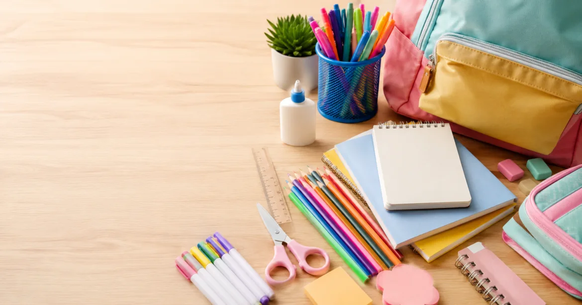 Loja de material escolar em Orlando com cadernos, mochila, canetas e lápis organizados sobre uma mesa