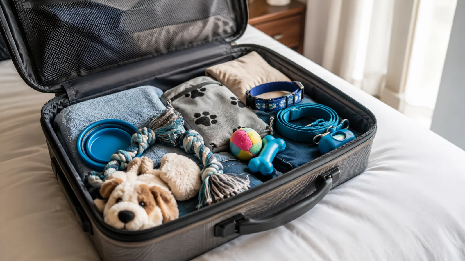 Mala de viagem aberta com brinquedos e acessórios comprados em lojas de produtos para pet em Orlando