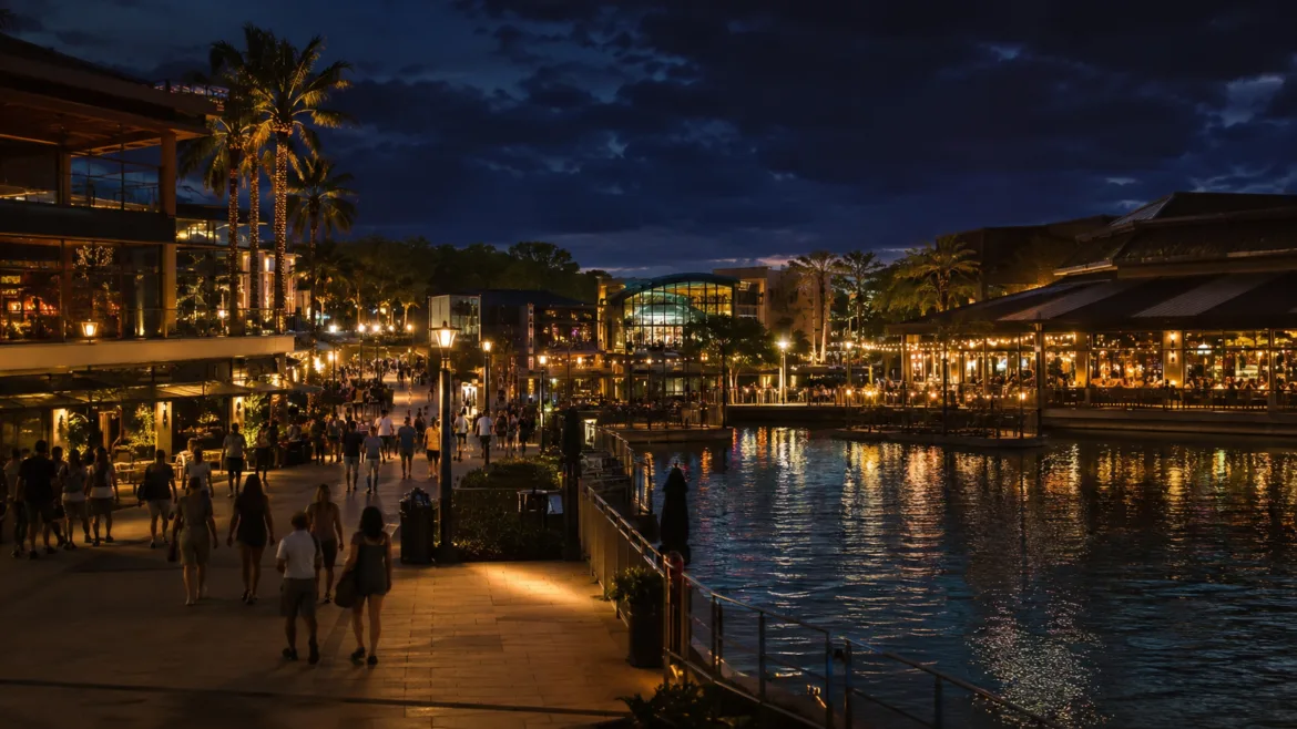 O que Fazer à Noite em Orlando: Guia Completo O que fazer à noite em Orlando: complexo de entretenimento iluminado com restaurantes e lojas
