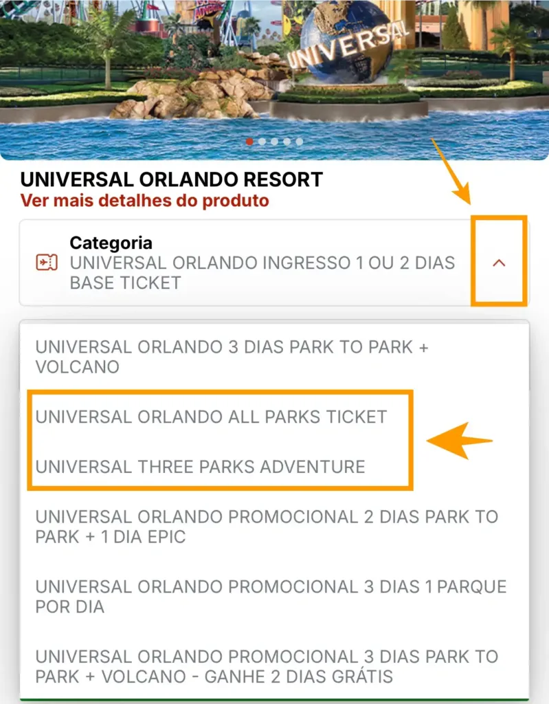Onde selecionar o ingresso Universal 14 dias no site de ingressos