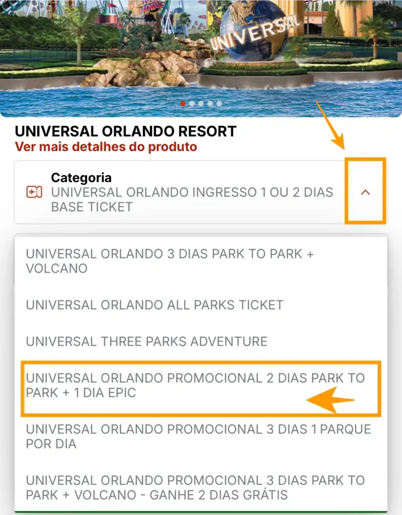 Promoções Universal Orlando - Onde selecionar o ingresso Universal 2 dias Park-to-Park + 1 dia Epic Universe no site de ingressos