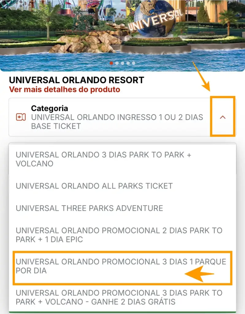Promoções Universal Orlando- Onde selecionar o ingresso Universal 3 dias, 1 parque por dia, no site de ingressos